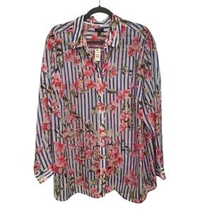 Talbots NWT Floral Striped Semi-Sheer Button Front Blouse Size 3X